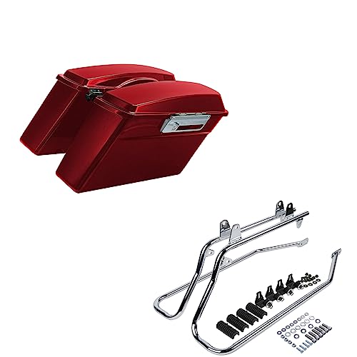 SLMOTO Hard Saddlebags Bag w/Conversion Brackets Fit For Harley Softail Heritage Deluxe Fatboy Models 1984-2016 - color: Red + Chrome Conversion Brackets