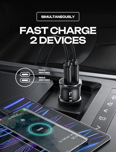 LISEN 90W USB C Car Charger USB C Fast Charge, 45W PD&QC 3.0 Fast Car Charger for iPhone 17 Pro Max 16 15 Pro, Cigarette Lighter USB Charger Adapter for Samsung S26 S25, Android [Metal&Mini] Sockets