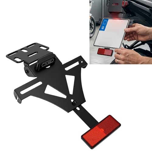 Aramox Motorcycle License Plate Holder with Integrated Tail Light Turn Signal Brackets and Reflector for Universal Fit Motorcycles Adjustable Angle Visibility