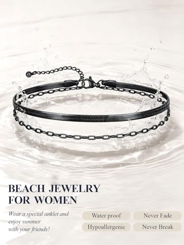 U7 Silver/Gold Ankle Bracelets for Women Layered Chain Anklets Stainless Steel Waterproof Summer Beach Anklet Cham, Adjustable 8.5"-10.5" - color: Black - Flat Snake Chain+Paperclip Chain