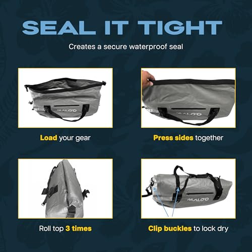 Malo’o Waterproof Dry Duffel, Heavy-Duty Roll Top Waterproof Gear Bag with Shoulder Strap & Molle Loops, Marine Duffel for Kayaking, Boating, Camping, Beach & Travel, Grey, 100L - color: Grey, size: 100L