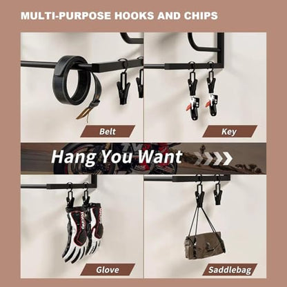 Motorcycle Helmet Holder Wall Mount with 4 Hat Stands, 4 Glove Clips & 4 Hooks, Durable Ironwood and Metal Frame, Space-Saving Storage Rack for Helmets, Jackets, Gear – Natural Wood