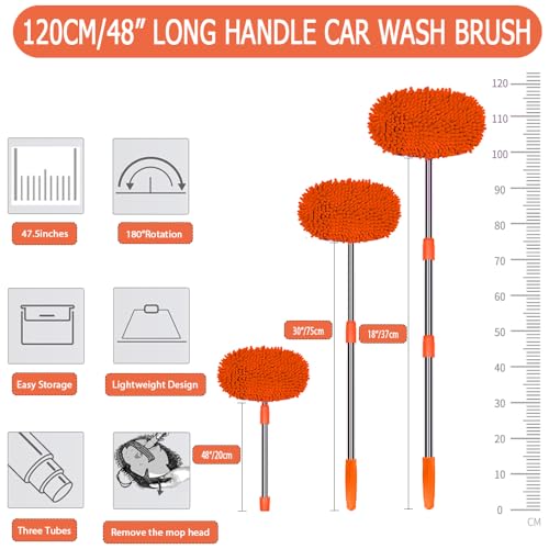WillingHeart 47.5" Car Wash Brush Mop Cleaning Tool with Long Handle Kit for Washing Detailing Cars Truck, SUV, RV, Trailer, Boat 2 in 1 Chenille Microfiber Sponge Duster Not Hurt Paint Scratch Free - color: Orange