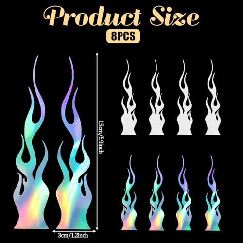 8pcs Flame Reflective Sticker for Bikes, 5.9"X1.2" Flame Car Decals, Sports Flames Shape Stripe Stickers for Motorcycles Bike Skateboard Laptop DIY Car Decoration, Reflective Car Stickers Decals