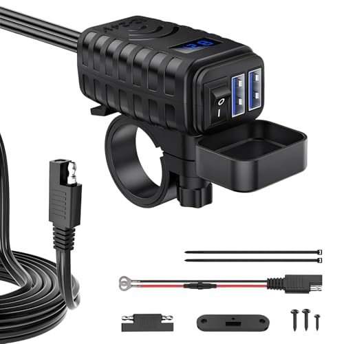 Motorcycle USB Charger, Dual Port Quick Charge 3.0 Motorcycle Charger with Voltmeter & ON/Off Switch, Waterproof Quick Disconnect SAE to USB Adapter for Phones Tablets GPS