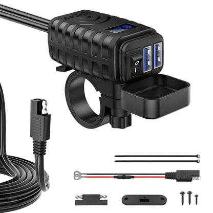 Motorcycle USB Charger, Dual Port Quick Charge 3.0 Motorcycle Charger with Voltmeter & ON/Off Switch, Waterproof Quick Disconnect SAE to USB Adapter for Phones Tablets GPS