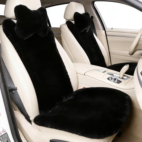 OGLAND 2 Pack Fuzzy Sheepskin Car Seat Covers| Fluffy Front Seat Cushions | Plush Soft Fur Protectors for Car Bucket Seats Accessories| Year-Round Comfort for Long Road Trips | Black - color: Black