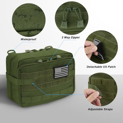 Jueachy Tactical Molle Pouch Large Admin Bag Utility Tool Pouches Molle Attachment EDC Pouches Expandable Molle Accessories Organizer Medical Pocket U.S.A Patch Included - color: Green