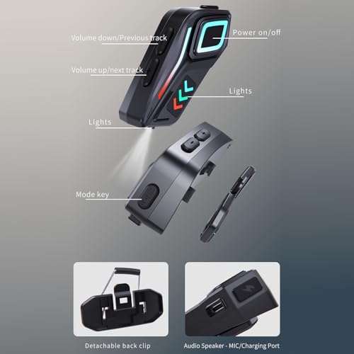 Bewinner Motorcycle Bluetooth Communication Headset, Wireless Motorcycle Earphone with Color Ambient Lights, Noise Cancellation Microphone, IP65