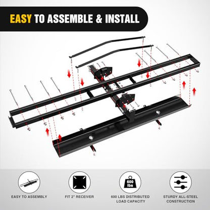 Nilight Motorcycle Hitch Carrier 600LBS, Heavy Duty Dirt Bike Hitch Hauler with 55.11" Longer Ramp, Pin, Tie-Down Strap and Tightener, 2" Receiver, 5" Wide Tire - color: Motorcycle Hitch Carrier Steel 600 LBS