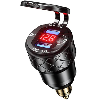 Kewig Aluminum DIN Plug Charger Motorcycle Dual Quick 3.0 USB Charger Power Adapter with LED Display Waterproof for 12V-24V BMW Ducati Triumph DIN Socket - style: Red with Blue Light
