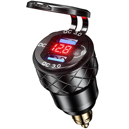 Kewig Aluminum DIN Plug Charger Motorcycle Dual Quick 3.0 USB Charger Power Adapter with LED Display Waterproof for 12V-24V BMW Ducati Triumph DIN Socket - style: Red with Blue Light