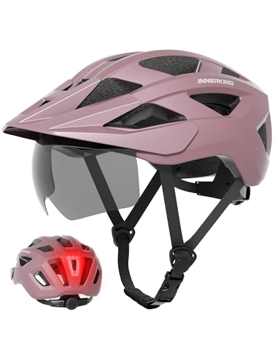 Bike Helmet for Adults, Lightweight Mountain Bicycle Helmet with USB Rechargeable Rear Light Detachable Magnetic Goggles, Road Bike Cycling Helmet with OTG Visor for Men Women - color: Lilac, size: Medium