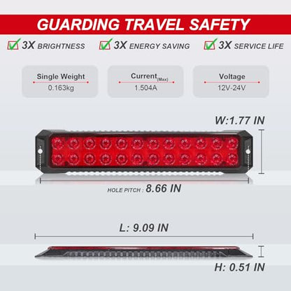 24 LED Red Trailer Brake Tail Light Bar Strip, Stop Parking Marker Tail Lights Waterproof Brake Red Light for Trucks Car Pickups RV ATV Tow Van Offroad Vehicles 9'' Surface Mount LED Bar 2PCS