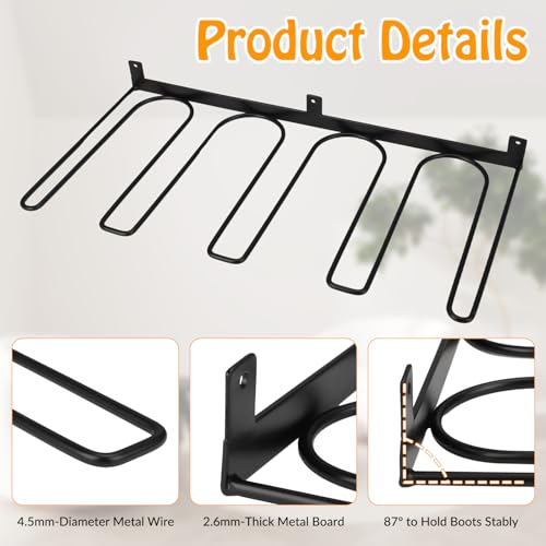 4 Pack Boot Rack Wader Hangers Wall Mount Holds 8 Pairs, Organizer Hanging Metal Tall Holder for Cowboy Garage Storage Closet Entryway Outdoor Drying, Black