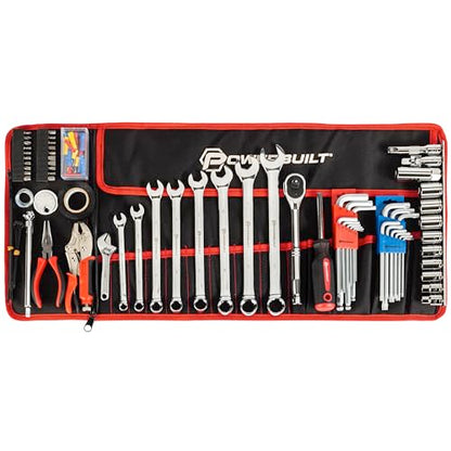 Powerbuilt 100 Piece Motorcycle Tool Kit with Roll Pouch, Roadside, Travel Wrenches, Ratchet, Sockets - 643028ECE