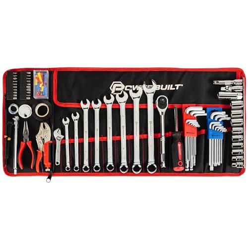 Powerbuilt 100 Piece Motorcycle Tool Kit with Roll Pouch, Roadside, Travel Wrenches, Ratchet, Sockets - 643028ECE