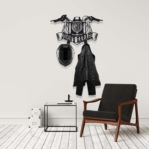Personalized Metal Motorcycle Wall Hanger – Custom “Your Name Garage” Helmet and Jacket Rack – Handmade Black Steel Wall Art for Bikers and Motorcycle Lovers (59X40cm/23X20 Inches) - size: 59X40cm/23X20 Inches