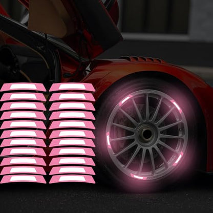 20PCS Strong Reflective Car Wheel Hub Stickers for Cars, Trucks, Motorcycles, Bicycles - Pink, Striped, Vinyl, Waterproof, Fade Resistant, Night Safety Warning Decals - color: Pink