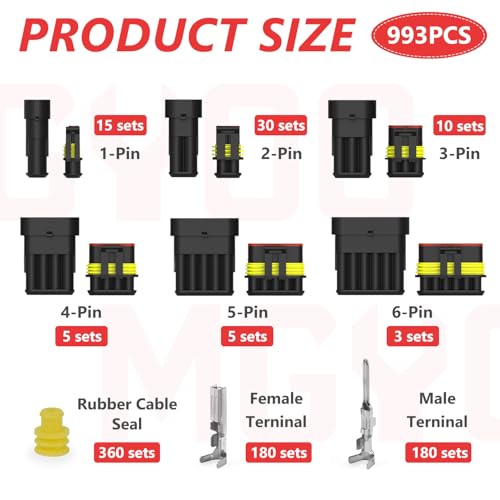 993PCS 68 Sets Automotive Weatherpack Connector Kit with Crimper 1/2/3/4/5/6 Pin Waterproof Auto Electrical Wire Connectors Weather Pack Connectors Crimping Tool 20-14 AWG - size: 1-6pin-68Pack