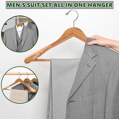 Amber Home 6 Pack Wide Shoulder Bamboo Wood Suit Coat Hangers, Wooden Clothes Hangers with Pants Bar, Heavy Duty Jacket Hangers for Dress, Pants, Heavy Clothes - size: Bamboo