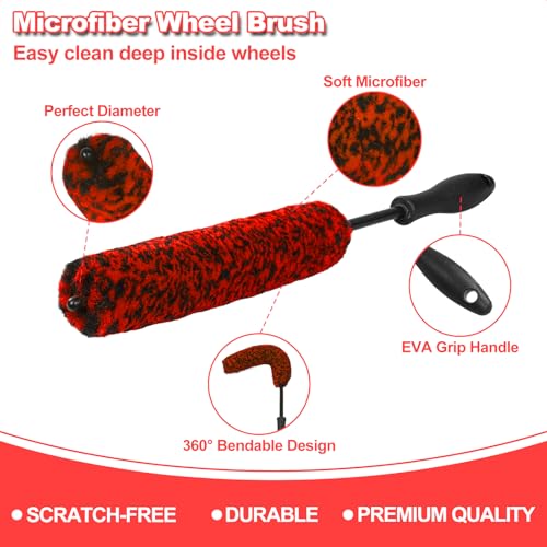 12Pcs Wheel Brush Kit for Cleaning Wheel and Tire, Wheel and Rim Brush, Car Detailing Brushes, Tire Brush, Bendable & Durable Car Wheel Rim Cleaner Brush Set,Car Detailing Cleaning Brush Supplies Kit - color: Red