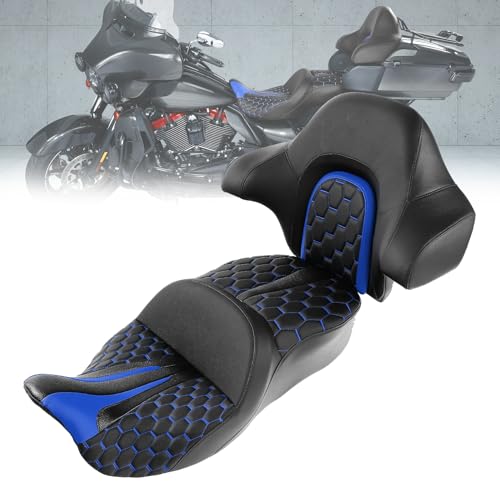 C.C. RIDER Gel Seat Driver Passenger Seat and King/Chopped Tour Trunk Backrest Fit For Harley Touring 2014-2023 Street Glide Road Glide Road King Electra Glide,Blue Hexagon - color: 23# Gel Blue+ 1 Backrest