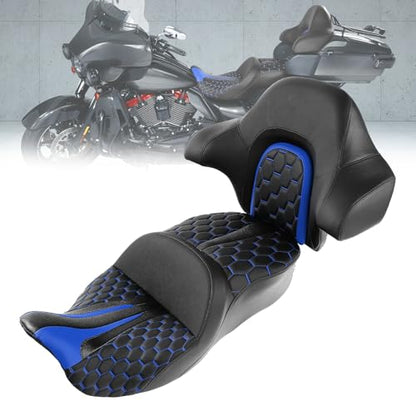 C.C. RIDER Gel Seat Driver Passenger Seat and King/Chopped Tour Trunk Backrest Fit For Harley Touring 2014-2023 Street Glide Road Glide Road King Electra Glide,Blue Hexagon - color: 23# Gel Blue+ 1 Backrest