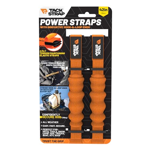 Power Strap 42in Adventure Tie Down, Self-Tensioning Elastic Core for Secure Hold, Scratch-Free Hook-and-Loop, Quick-Release Buckle for Bikes and Motorcycles, 2 Pack