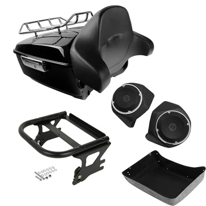 TCMT King Motorcycle Trunk Backrest Pad 2 up Mounting Rack Speakers Fit For Harley Touring 1997-2008 Electra Glide Road Glide Street Glide Pack - color: With Speaker Holes: Style E Black Rack