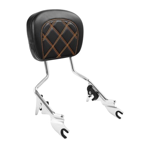 TCT-MOTORPARTS Detachable Sissy Bar w/Orange Stitching Backrest Pad Fit For Harley Touring Road King Road Glide Street Glide Electra Glide 2009-2023 - color: Chrome Upright Sissy Bar, size: Orange Stitching Backrest
