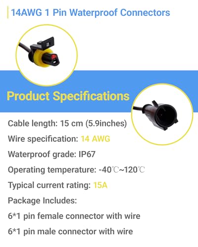 14 AWG 1 Pin Waterproof Connector, 1 Wire Automotive Waterproof Electrical Connectors, 14 Gauge Male and Female Way Connectors Harness 12V Quick Connect for Car Truck Boat Motorcycle -6 Pack - size: 1 Pin