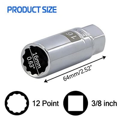 16mm Thin Wall Magnetic Spark Plug Socket 3/8 Inch Drive 12-Point Spark Plug Socket Compatible with BMW, Benz, Mini Cooper, Nissan, Citroen, Infiniti, Renault, Peugeot and some lawn mowers and ATVs - size: 16mm