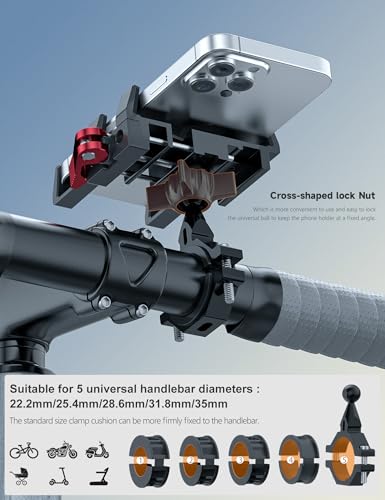 Tiakia Bike Phone Mount Holder, Aluminum Motorcycle Phone Mount, Handlebar Mounted Cell Phone Holder for Bike, 360° Rotation, Universal Bicycle Phone Mount for 4.5-7 Inch Phones (Upgrade-Black Red) - color: Upgrade-Black Red