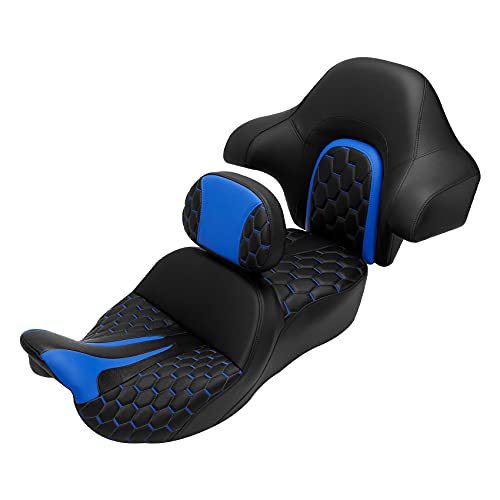 C.C. RIDER Motorcycle Hammock Seat+ Rider Backrest+ King/Chopped Trunk Backrest Pad Fit for Harley 2014-2023 Touring Road King FLHR Street Glide FLHX Road Glide FLTRX Electra Glide FLHT - color: 23# Blue (Seat+ 2 Backrests)