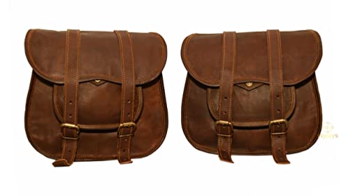 PLW Genuine Leather Vintage 2 Strap Buckle Closure Tool Bag for Bikes | Dark Brown Leather Pack of 2 Motorcycle Saddlebags | Softail Universal Throw Over Sportster Saddle Bags for Motorcycle Side Bag