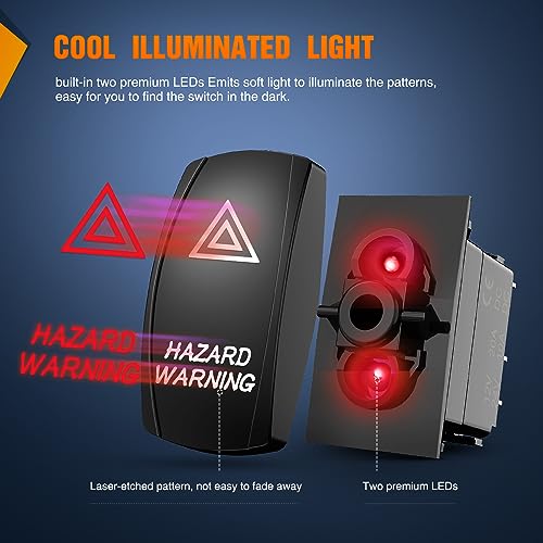 Nilight Hazard Warning Rocker Switch 5 Pin Laser On Off SPST switches 20A/12V 10A/24V Red LED Light Emergency w/Jumper Wires Set for Cars Trucks Boats ATVs UTVs RVs - size: HAZARD WARNING