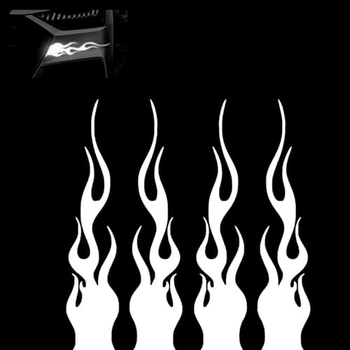 4 PCS Car Flame Reflective Sticker, 1.2" x 5.9" Waterproof Stripe Graphic Racing Sports Flame Decal, Vinyl Self Adhesive Safety Stickers for Car Bumper Mirror Motorcycle Helmet (White) - color: White