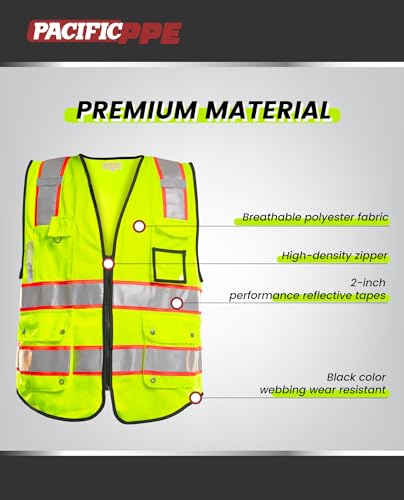 PACIFIC PPE 10 Pockets Class 2 Safety Vest for Men, 3M High Visibility Reflective Strips, Meets ANSI/ISEA Standard, Yellow, XX-Large - size: XX-Large