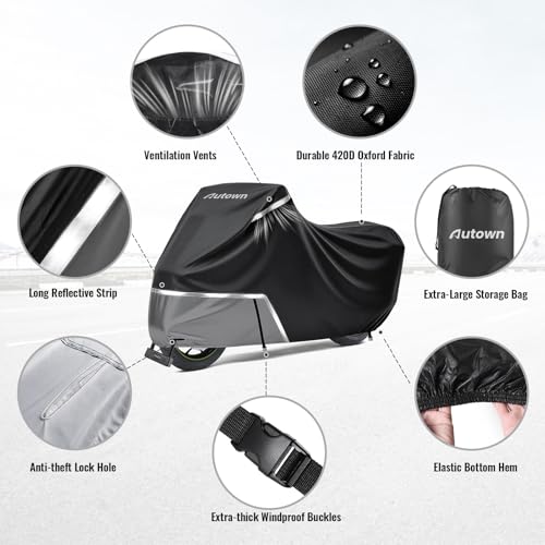 AUTOWN Motorcycle Cover Waterproof Outdoor, 420D Heavy Duty Bike Cover, Windproof & Waterproof with Reflective Strips and Air Vents, Fits Motorcycles & Scooters up to 96.5", Black & Gray - size: XL: 96.5"