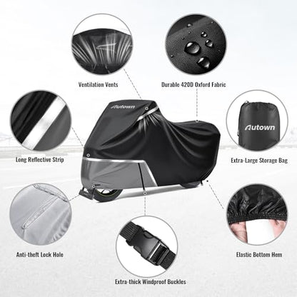 AUTOWN Motorcycle Cover Waterproof Outdoor, 420D Heavy Duty Bike Cover, Windproof & Waterproof with Reflective Strips and Air Vents, Fits Motorcycles & Scooters up to 96.5", Black & Gray - size: XL: 96.5"