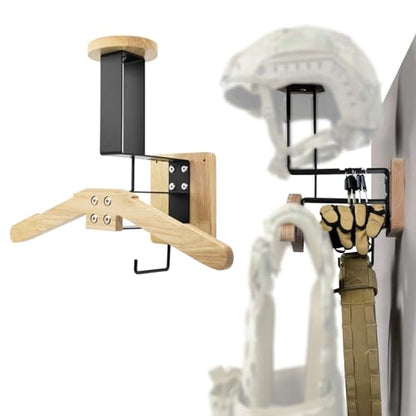 Tactical Gear Wall Mount Stand - Motorcycle Helmet Holder Display Stand with Hooks, Solid Wood Airsoft Plate Carrier Rack for Police, Football and Cycling Suit - color: Natural