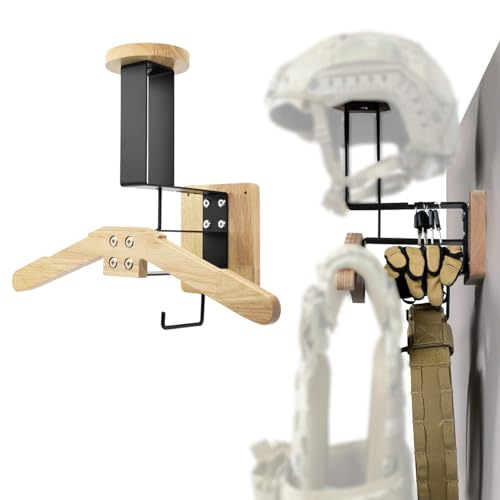Tactical Gear Wall Mount Stand - Motorcycle Helmet Holder Display Stand with Hooks, Solid Wood Airsoft Plate Carrier Rack for Police, Football and Cycling Suit - color: Natural