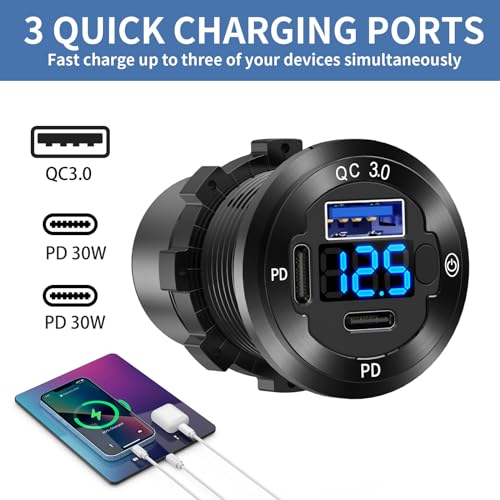 2 PACK 12V USB Car Socket Round USB C 12V Outlet, 3-Port Marine Fast Charger Waterproof Cigarette Outlet Replacement Aluminum with Switch and Voltmeter, Suitable for Boat Golf Cart RV Motorcycle - color: pack of two
