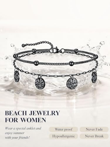 U7 Silver/Gold Ankle Bracelets for Women Layered Chain Anklets Stainless Steel Waterproof Summer Beach Anklet Cham, Adjustable 8.5"-10.5" - color: Black - Ball Chain+Paperclip Chain