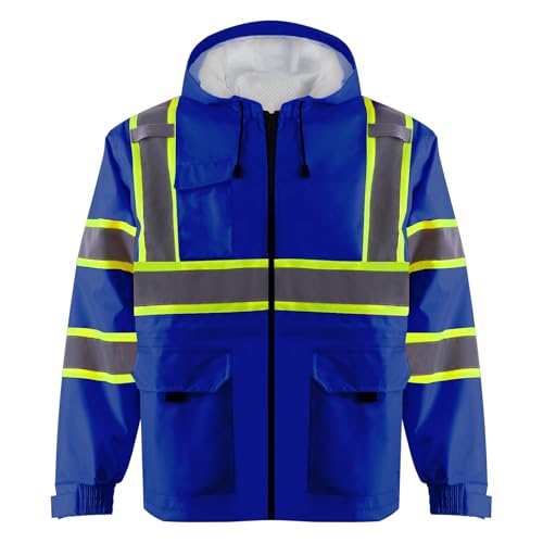 KARXICIY ZUJA Hi Vis Reflective Safety Jacket for Men Women Construction Jacket with Hood High Visibility Safety Rain Jacket - color: Blue, size: Small