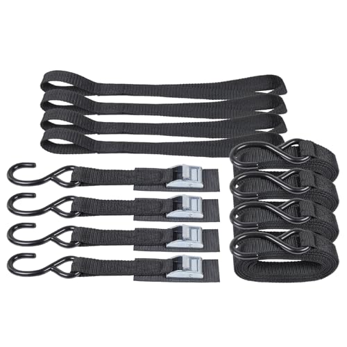 EXVITAL Tie Down Straps with Hook Cam Buckle Straps 1" x 8’ 1200lbs Break Strenght with Extra Soft Loops for Motorcycle, Kayak, ATVs, Dirt Bike, Truck, Car Black 4 Pack - size: 1"x8'x4