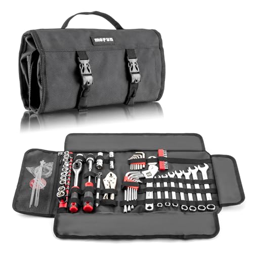 Mofun 64-Piece Motorcycle Tool Kit Universal with Roll Pouch Roadside Travel Wrenches, Ratchet Universal Compatible with Cars Fit Trucks Fit Motorcycles Fit Suzuki Dirt Bikes Fit BMW Fit ATVs, Black - color: Black