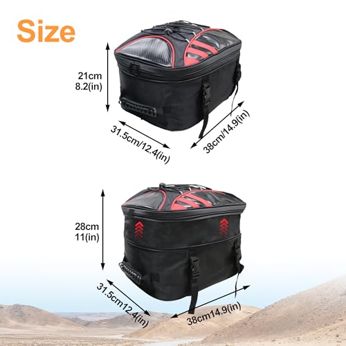 MDSTOP Motorcycle Tail Bag, Dual Use Seat Helmet Bag Backpack with Waterproof Rain Cover, 22L-34L Expandable Motorcycle Rear Seat Bag (Black+Red, M)