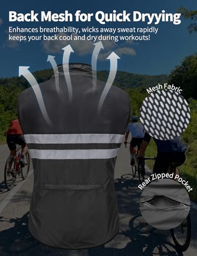 WOSAWE Men's High Visibility Cycling Wind Jacket Water Resistance Reflective Windbreaker - color: Black Vest 205, size: Medium